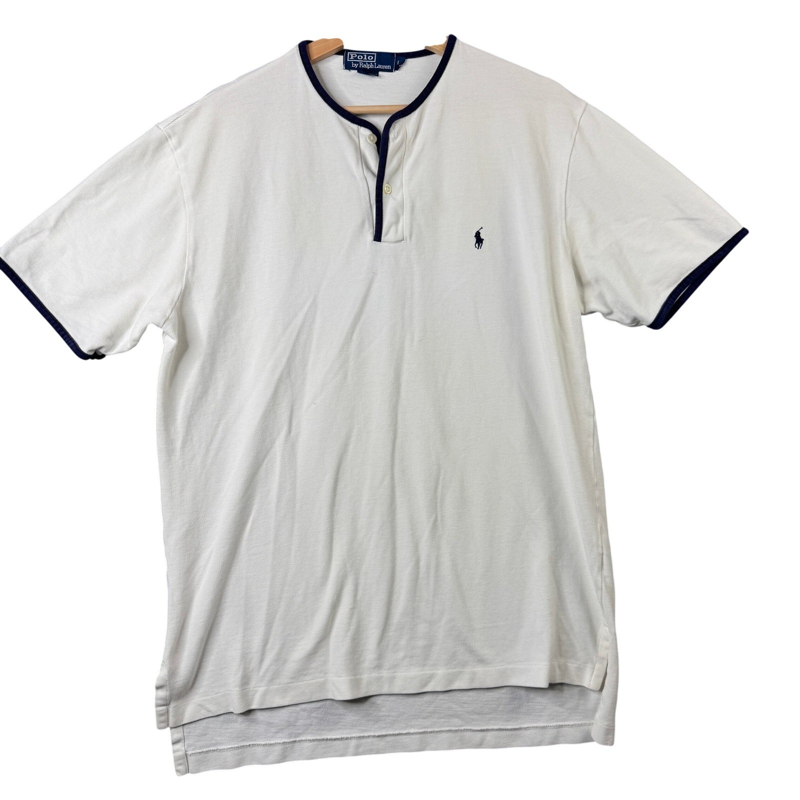 Polo Ralph Lauren Vintage Large White Henley Short Sleeve Pique T-Shirt L Trim gallery