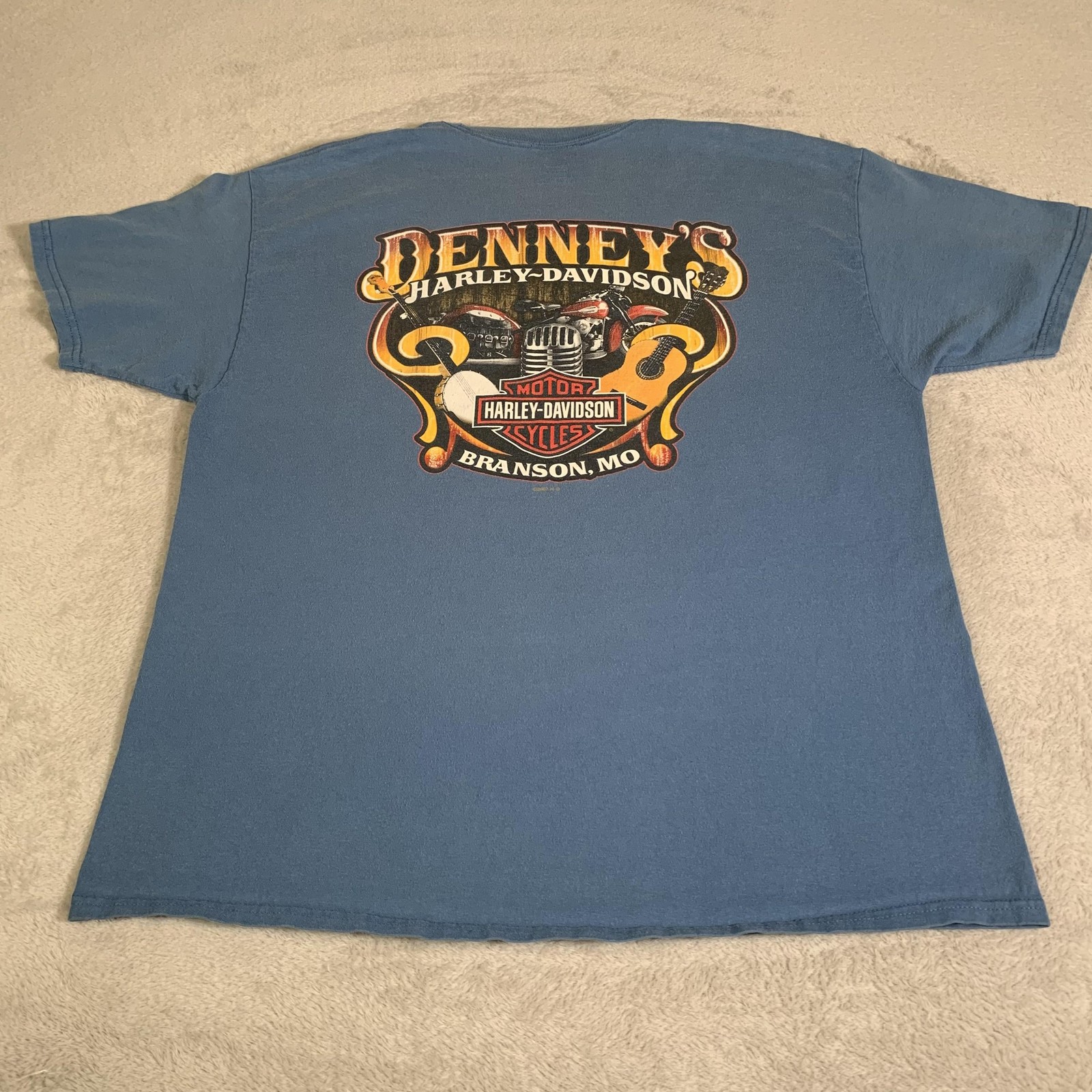 Harley Davidson Shirt Mens XL Blue Denney's Branson Missouri Pocket Graphic FLAW gallery