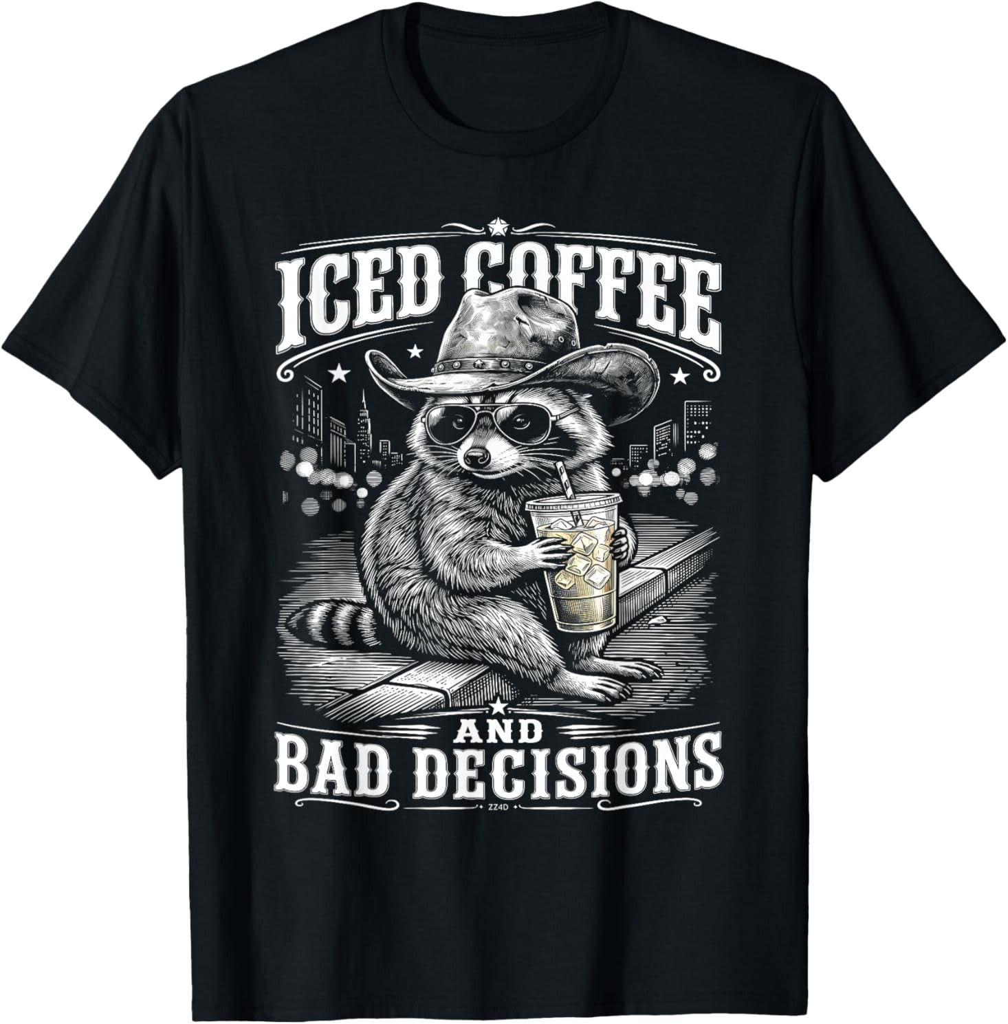 Iced Coffee and Bad Decisions Funny Raccoon Western T-Shirt