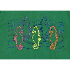 Fruit of the Loom BEST Vintage green Tshirt with multicolored Sea Horses Paintin