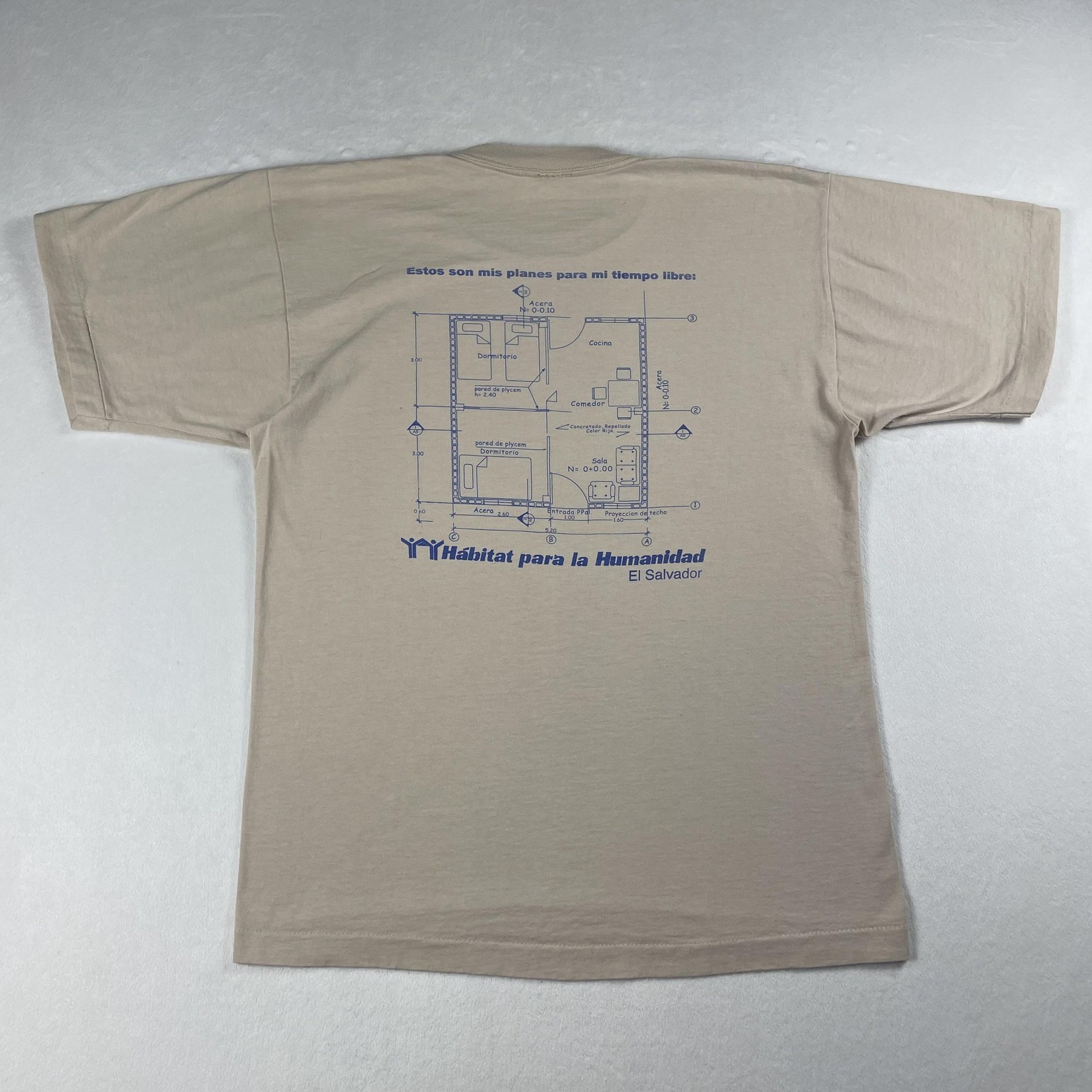 Vtg 80s Habitat For Humanity Tee L Beige El Salvador Floorplan Blueprint Art USA gallery