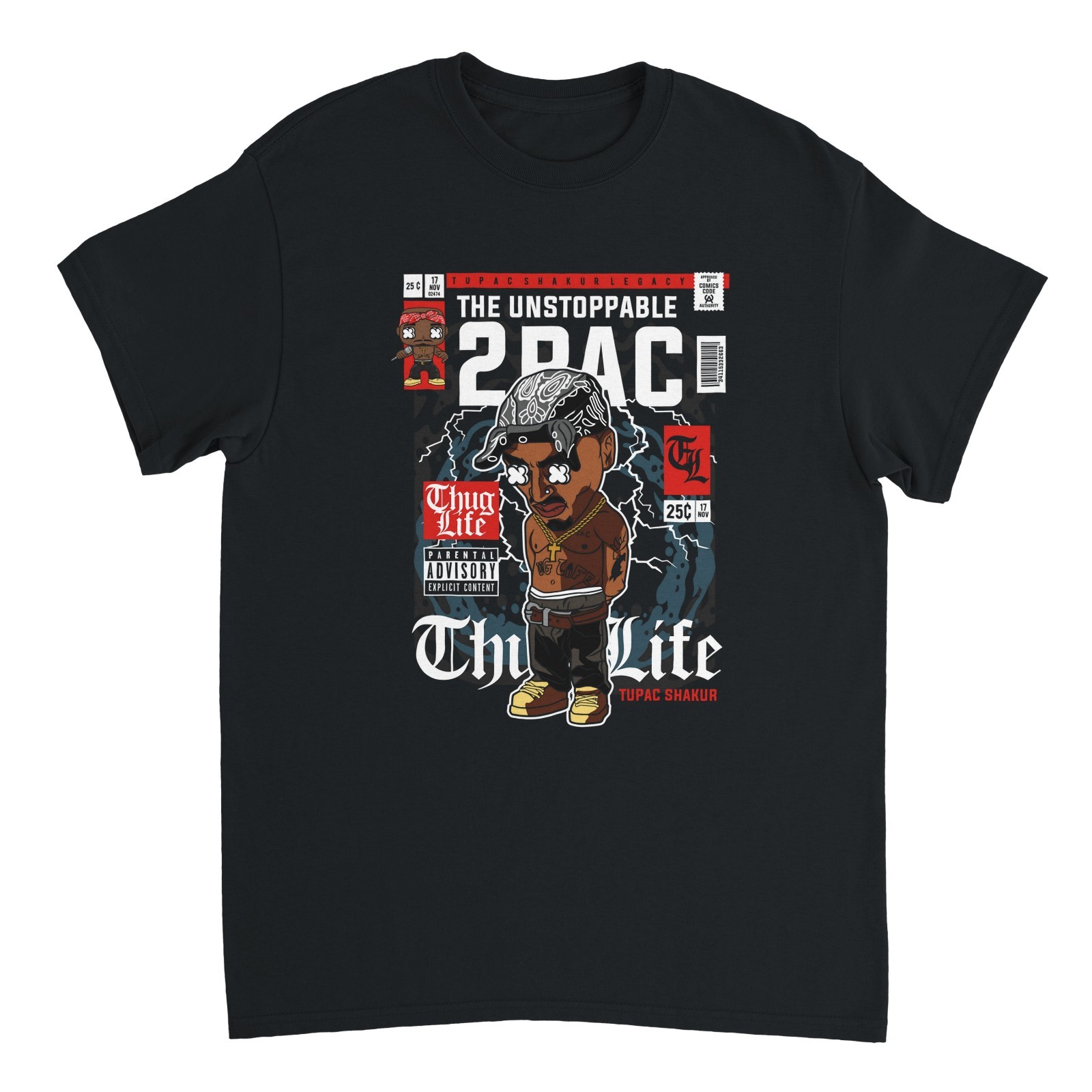 2Pac Tupac Retro Comic Tee Funk Pop Graphic Hip Hop T‑Shirt