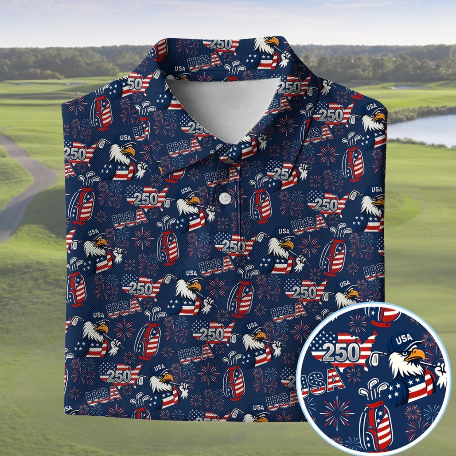 Men 250 USA Birthday Golf Polos, Patriotic Bald Eagle American Flag Shirt(S-5XL) gallery