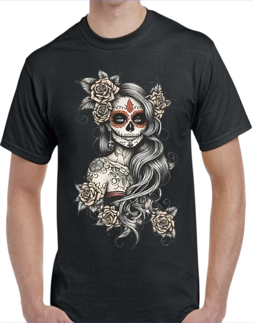 Female Sugar Skull Men's T-Shirt White or Black or Gray Small to 3X-Large gallery