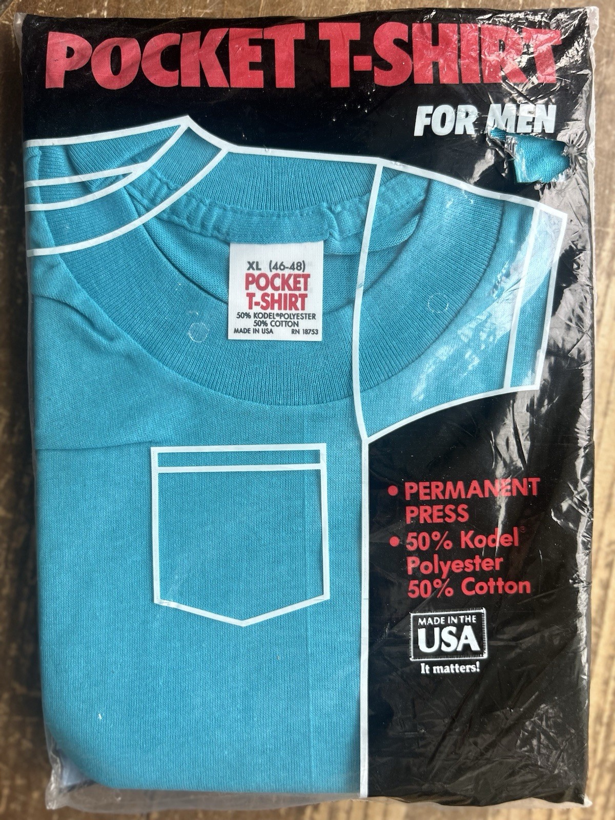 NOS Vintage CKM Reeves Blue Perma Press 50/50 Poly Cotton Pocket T Shirt XL USA