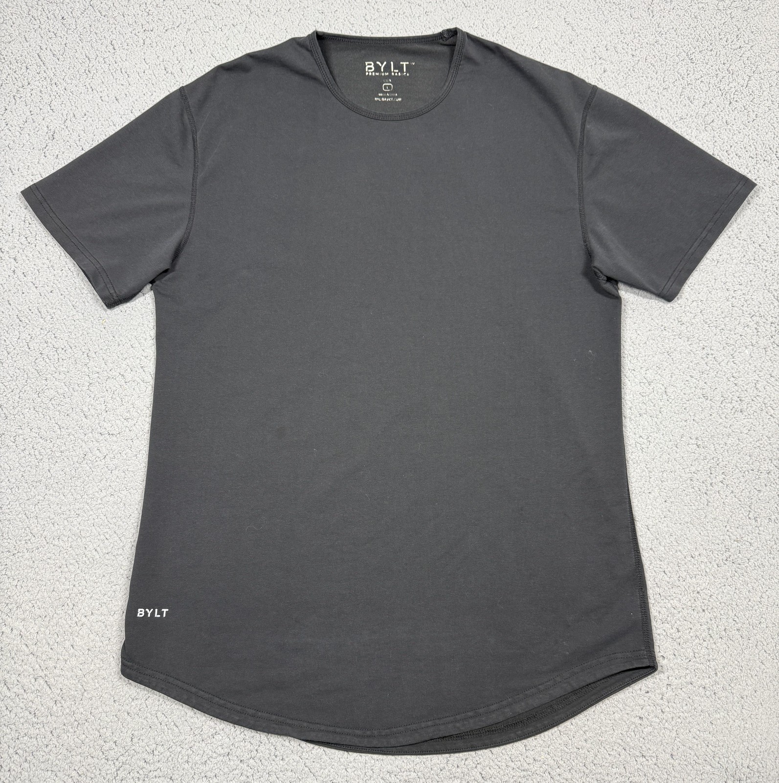BYLT Drop Cut LUX Shirt Mens Large Black Short Sleeve Curved Hem Tagless Tee gallery