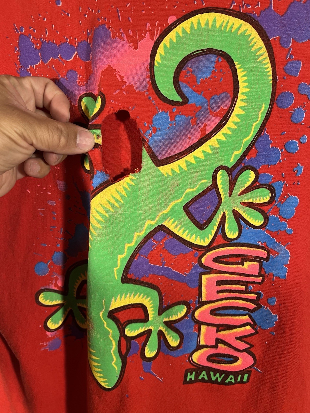 Vintage 90s Gecko Hawaii Graphic T Shirt Red Neon Lizard Logo Single Stitch XL gallery