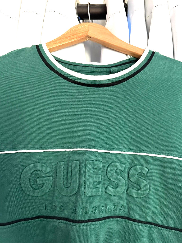 Guess Los Angeles Men's XL Green Tonal Logo Tee Tipped Ribbed Cuffs Vtg gallery
