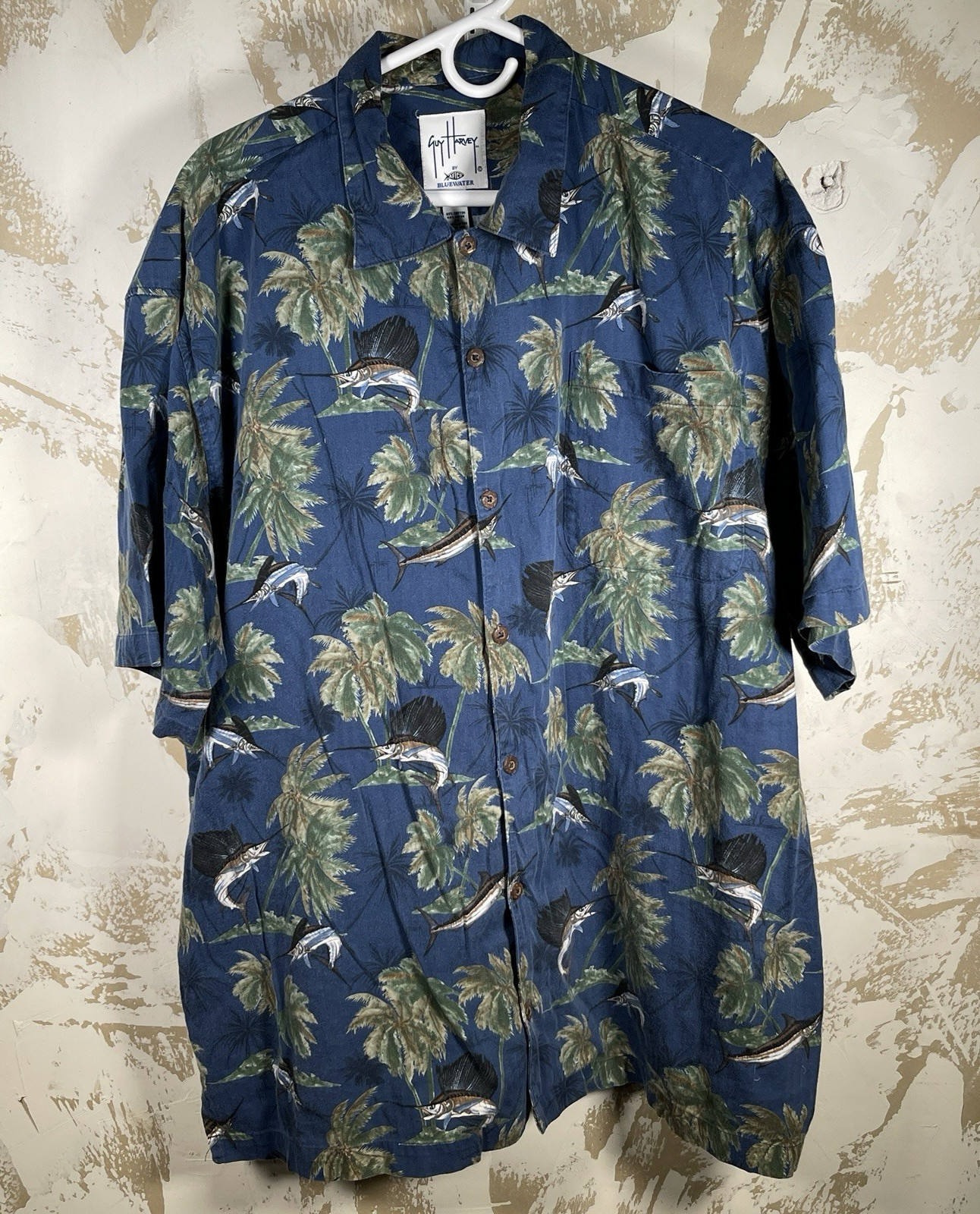 Guy Harvey By AFTCO Bluewater Wear Hawaiian Camp 2X Shirt Large Marlin Fishing