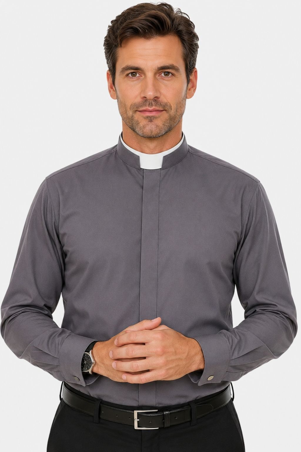 Men's Clergy Shirt Roman Collar Long Sleeve Grey Pastor Priest Church Wear gallery