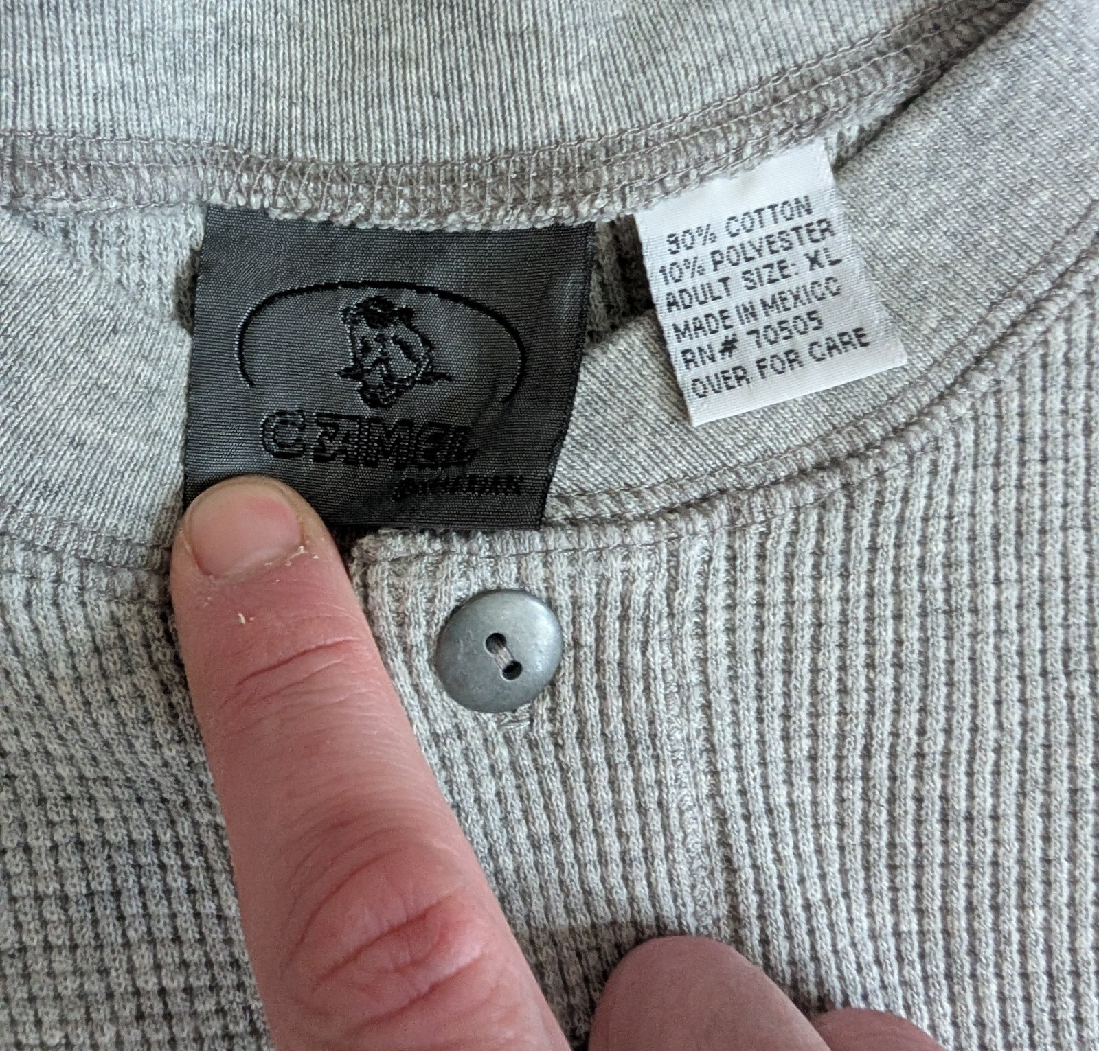 Vintage Camel Henley Shirt Mens XL Gray Waffle Thermal Long Sleeve Embroidered gallery