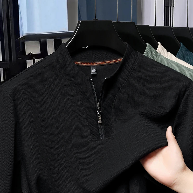 Half Zip Men's Short Sleeved T-shirt Summer Stand Up Collar Thin Hoodie Ice Silk gallery