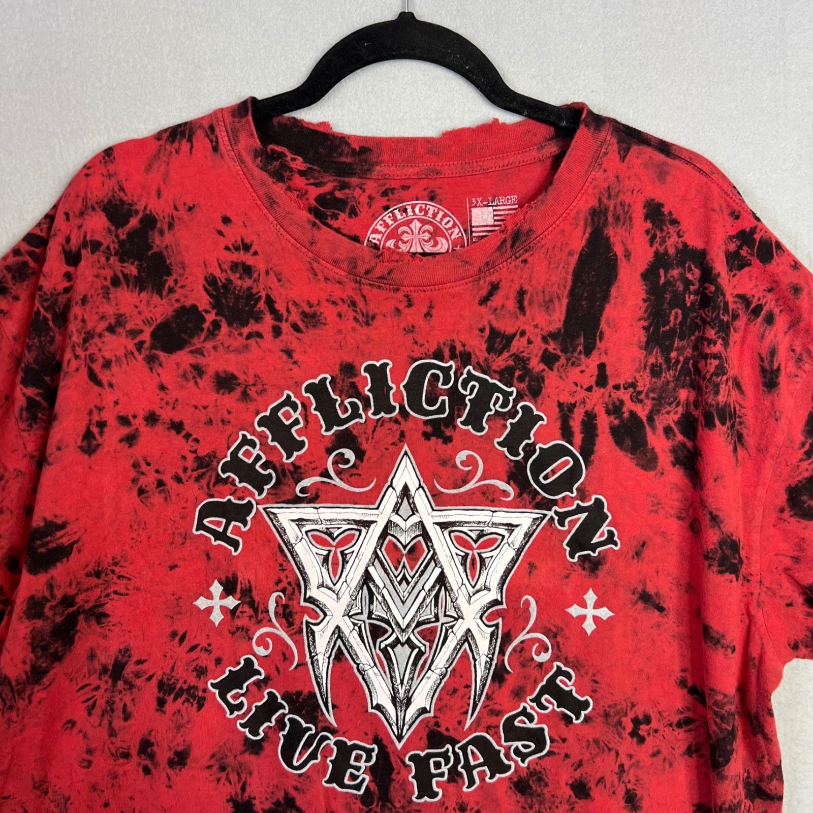Affliction T-Shirt Mens Sz 3XL Red Black Live Fast Tie Dye Distress Graphic NWT gallery