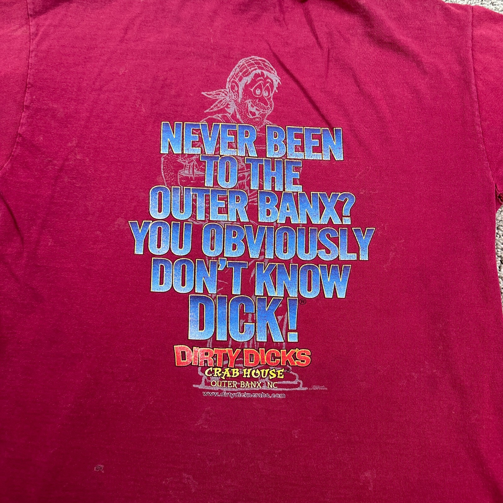 Dirty Dicks Crab Shack Shirt Mens Medium Red Blue Dont Know Dick THRASHED FLAW gallery