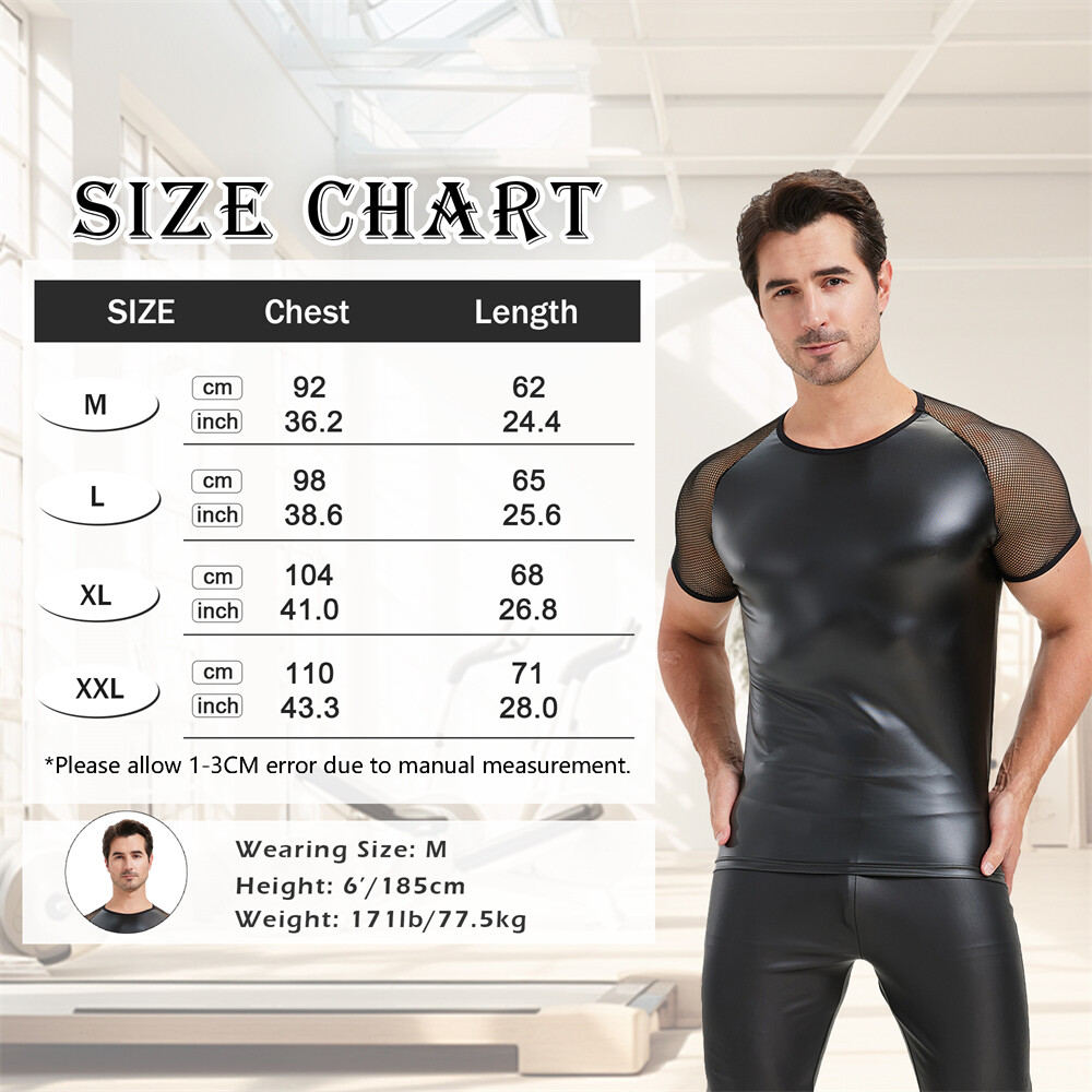 Men's Splicing Mesh Faux Leather Tops Slim Short Sleeve T-shirts Nightclub Tees gallery