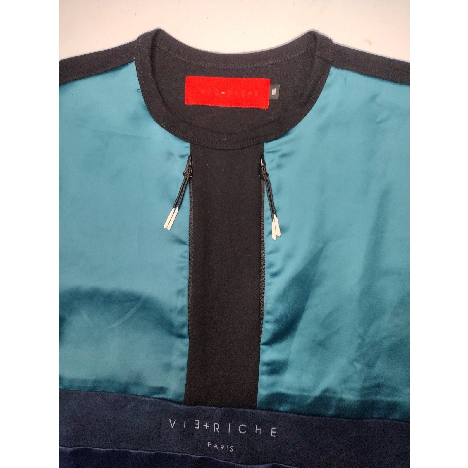 Vie Riche Paris Mens Multi-Panel Colorblock Zipper T-Shirt Black Teal Blue M gallery