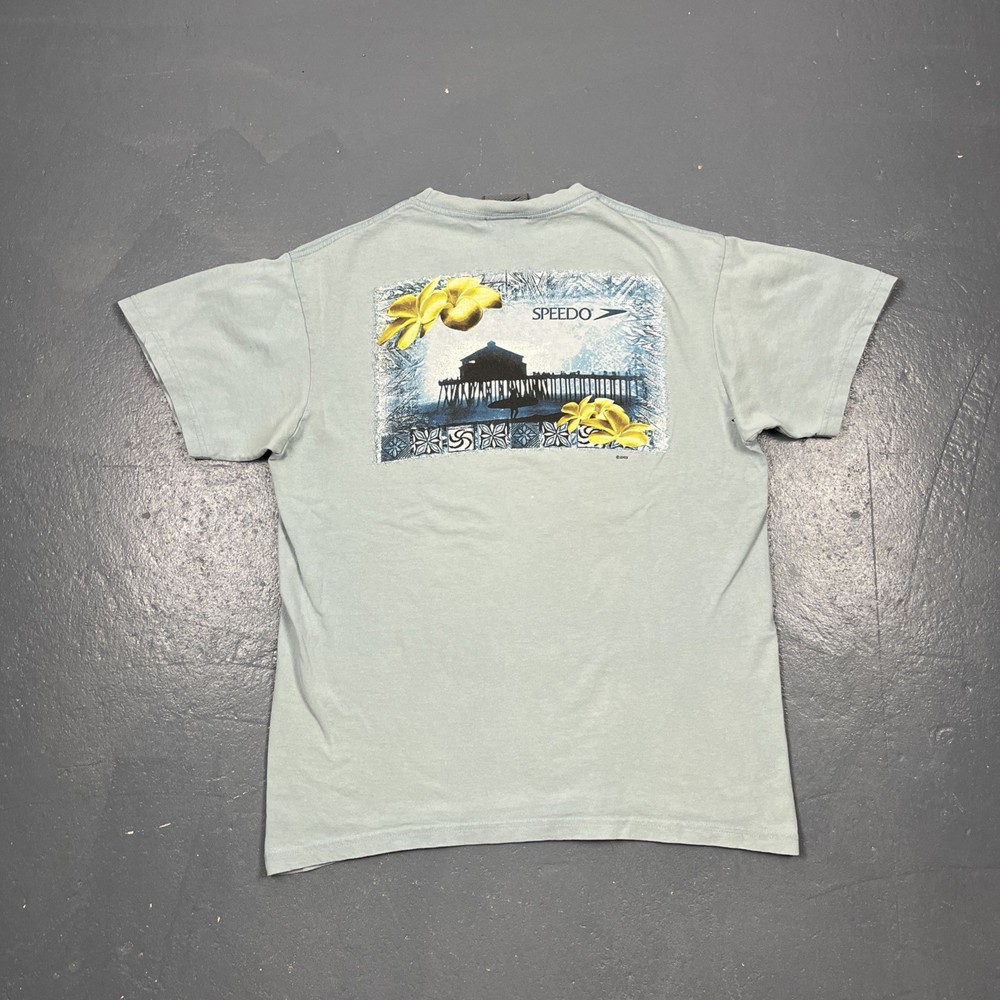 Vintage Y2K Speedo Graphic Tee Blue Large Double Sided VTG Beach Casual