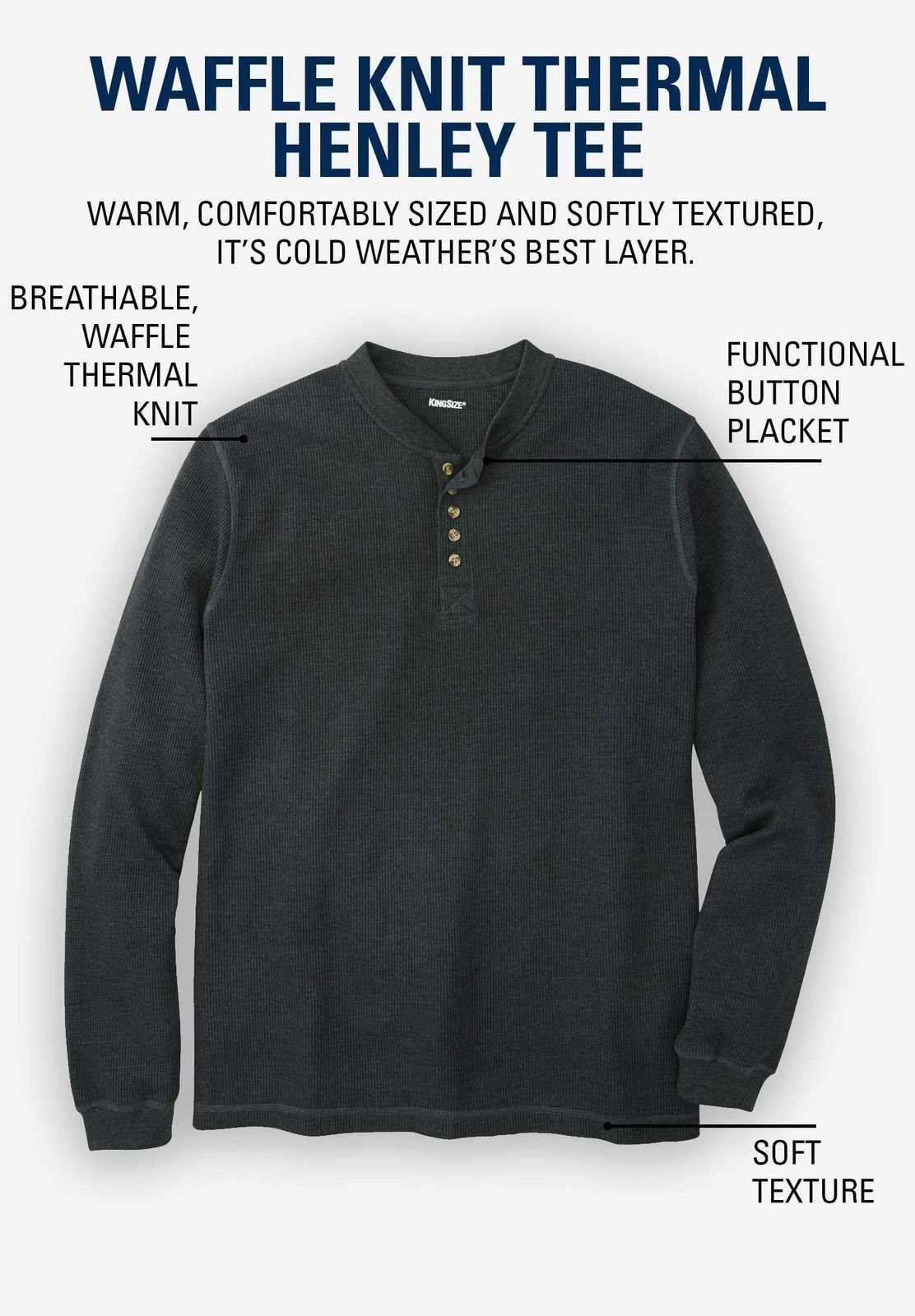 KingSize Men's Big & Tall Waffle-Knit Thermal Henley Tee - Big - 7XL, Heather... gallery