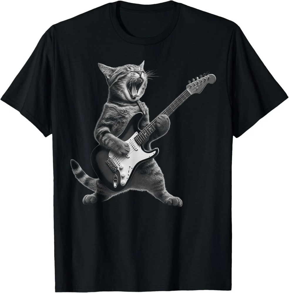 Funny Cat Playing Guitar Rock and Roll T-Shirt