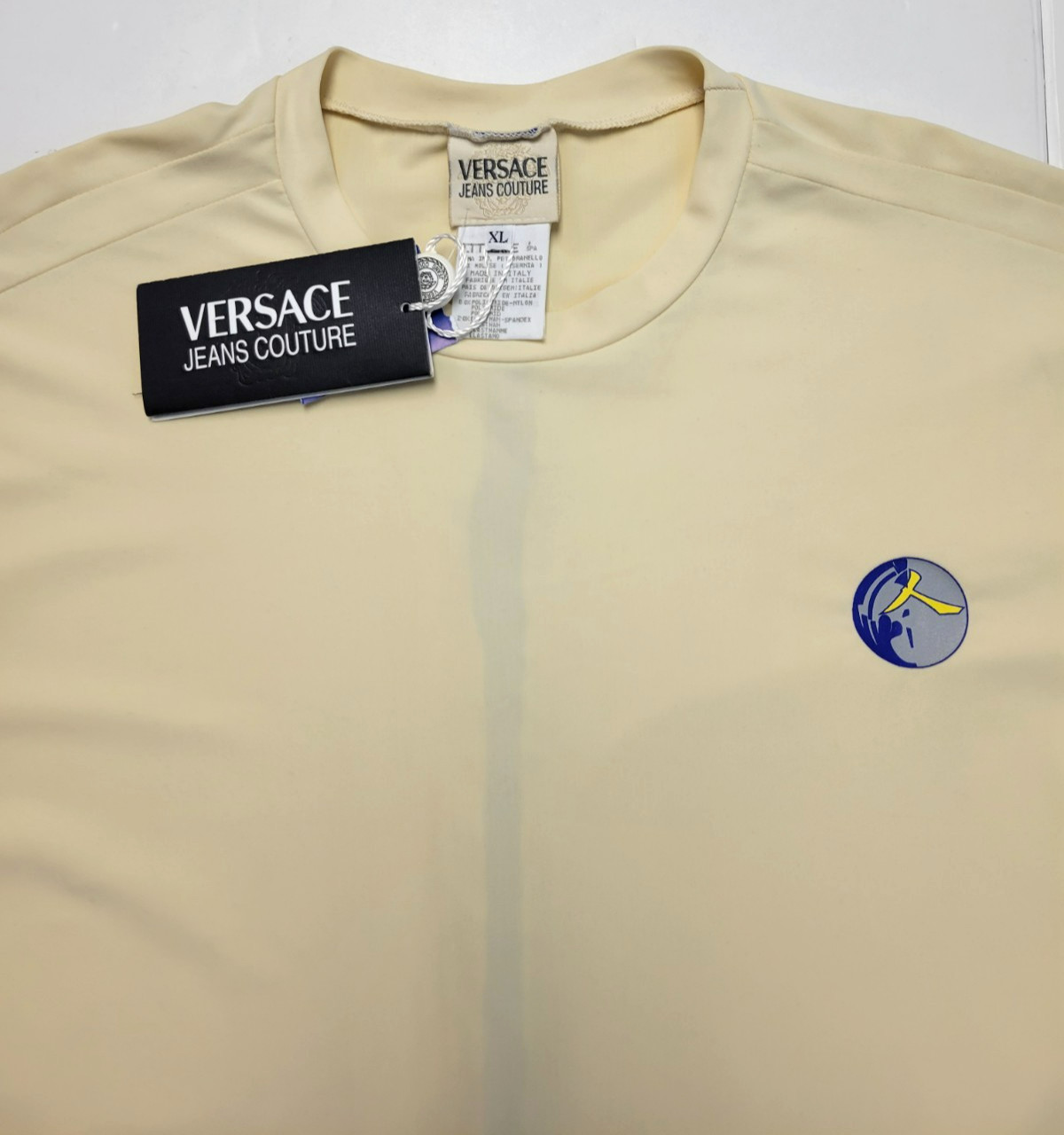 $195 New VERSACE JEANS COUTURE Nylon Blend Crew Neck T-Shirt Men XL Cream Blue gallery