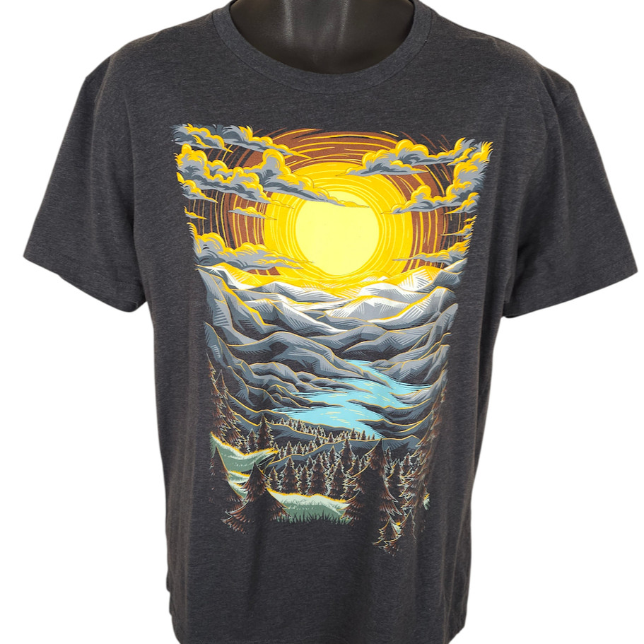 Forest Sunset T Shirt Mens Size Large Gray Mountain Lake Into The AM Nature Tee gallery