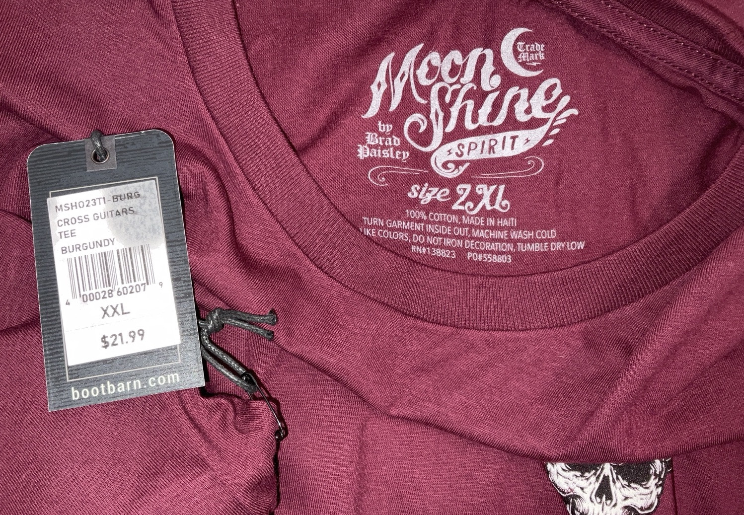 NWT Men Brad Paisley Moon Shine Spirit Skull Cross Guitars T-shirt Burgundy XXL gallery