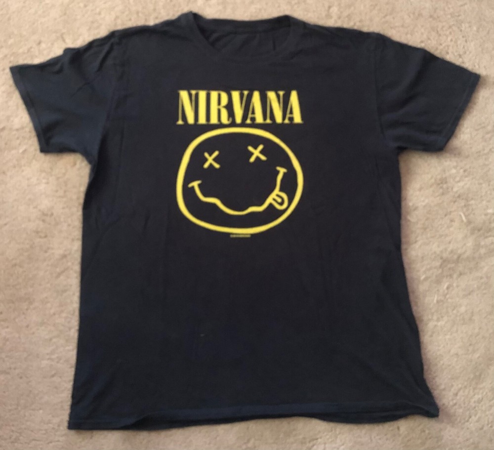 Nirvana Smiley Face Kurt Cobain Grunge 90’s Black T-Shirt Size – see measurement
