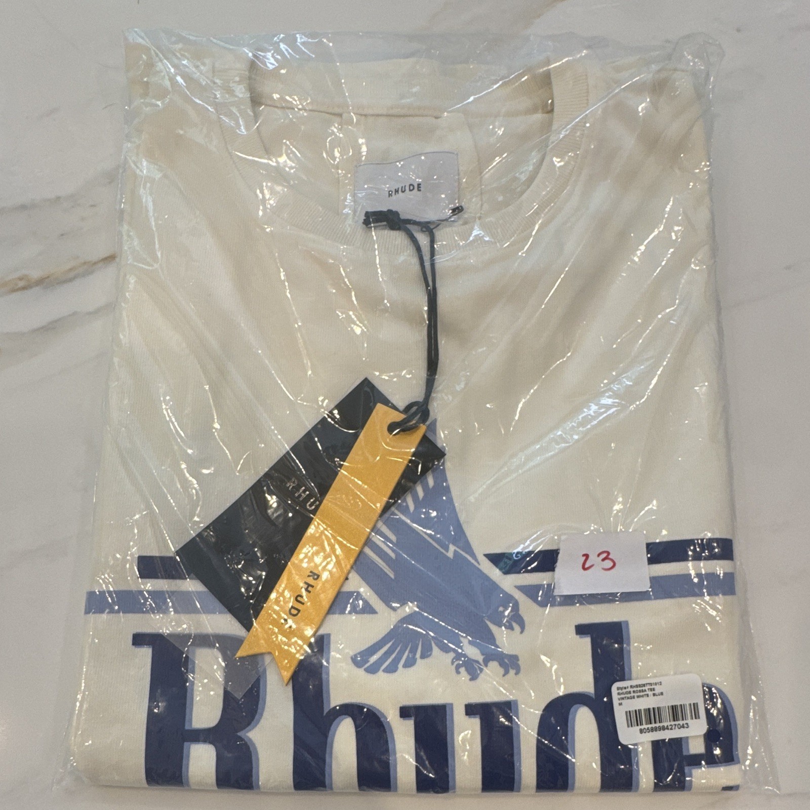 RHUDE Rossa Tee Men’s M White/Blue Cotton Graphic Logo Crew Neck T-Shirt