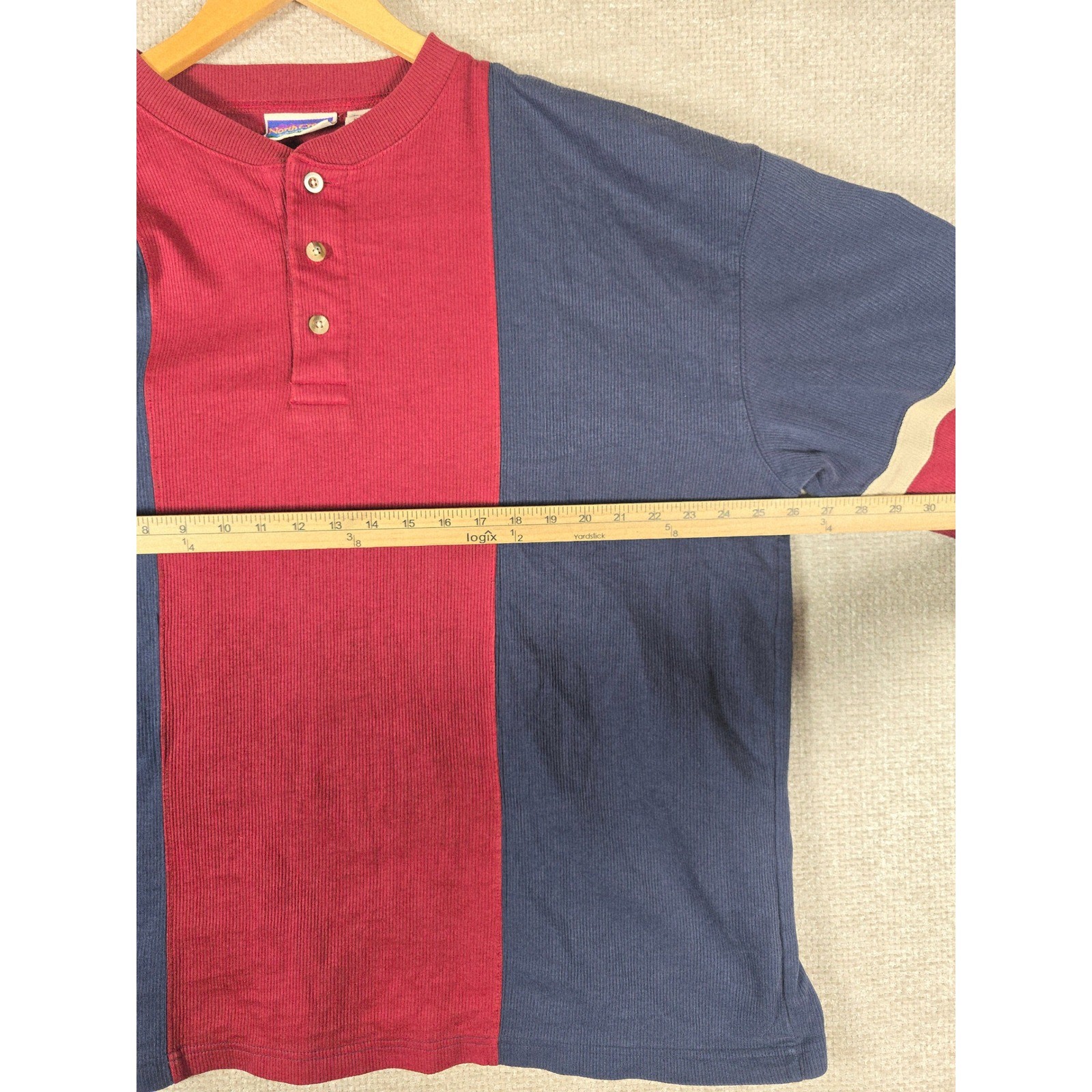 VTG North Crest Mens XL Henley Shirt Colorblock Ribbed Navy Burgundy Long Sleeve gallery