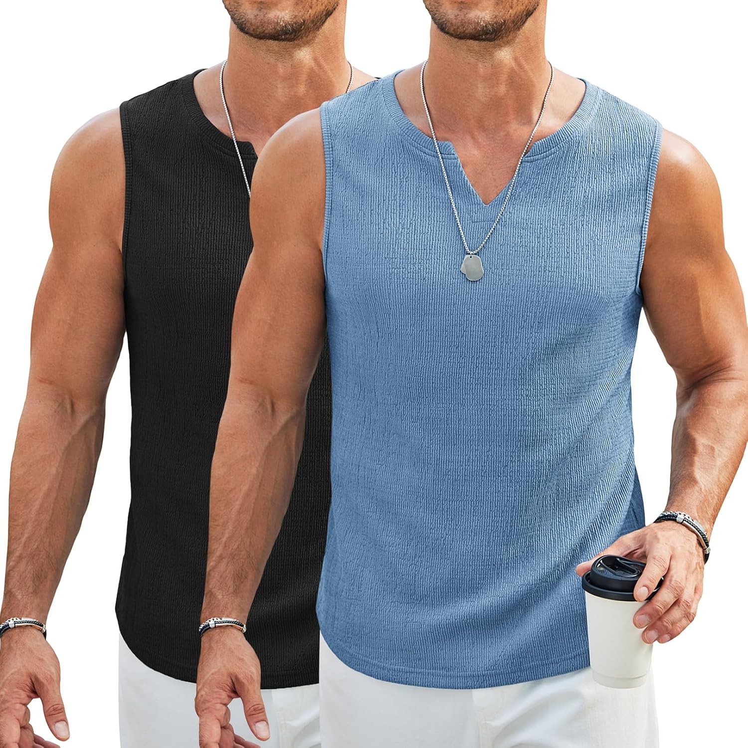 Mens V Neck Knit Tank Top Textured Jacquard Sleeveless Summer Beach Casual Shirt gallery