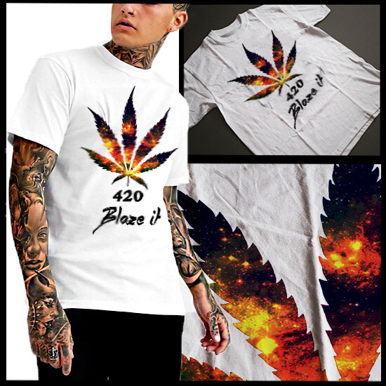 Marijuana Leaf T-Shirt 420 Blaze It Ganja Leaf On Fire Cannabis Weed Tee New