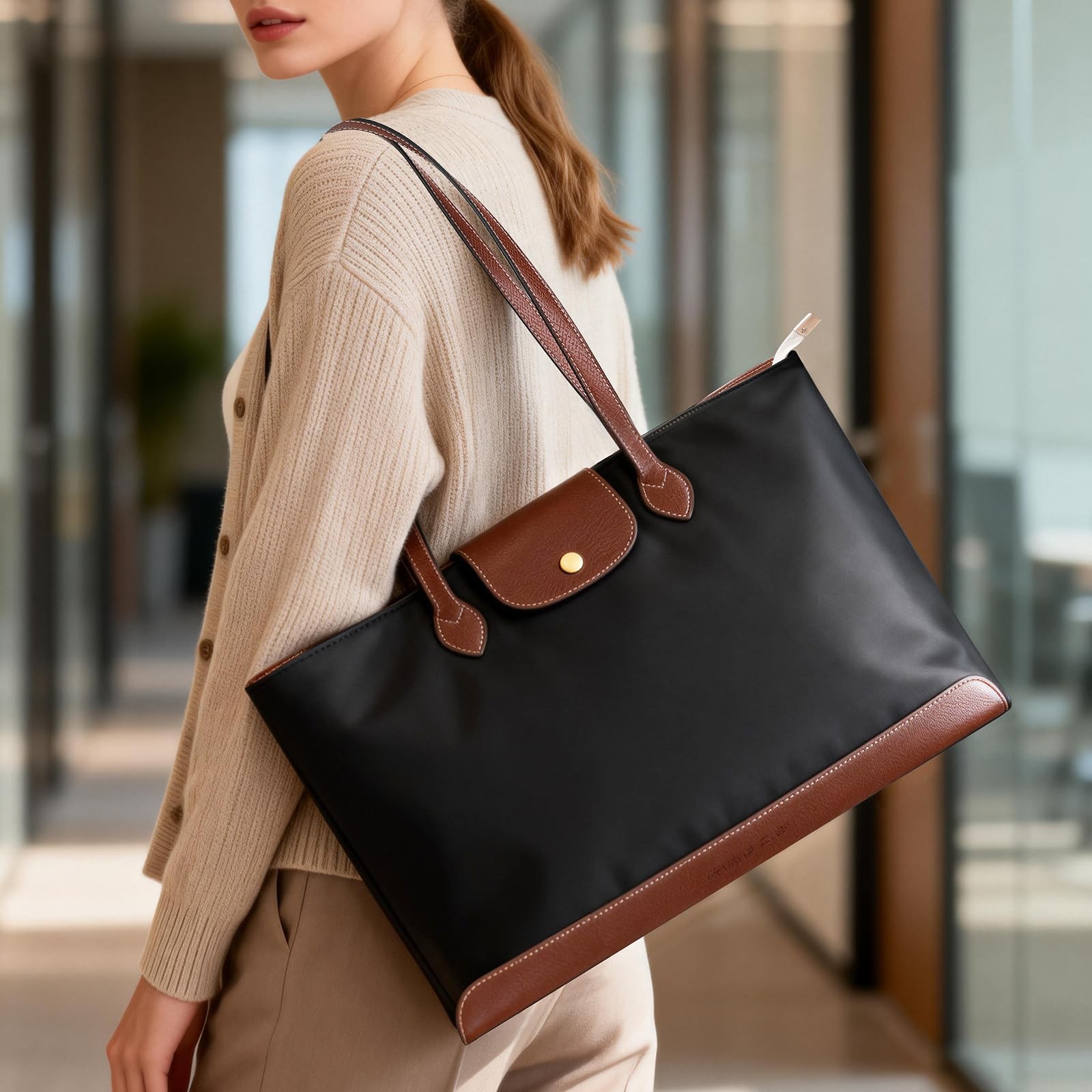 Slim Tote Bag for Women, Lightweight Shoulder Bag with Zipper, Structured Wor... gallery