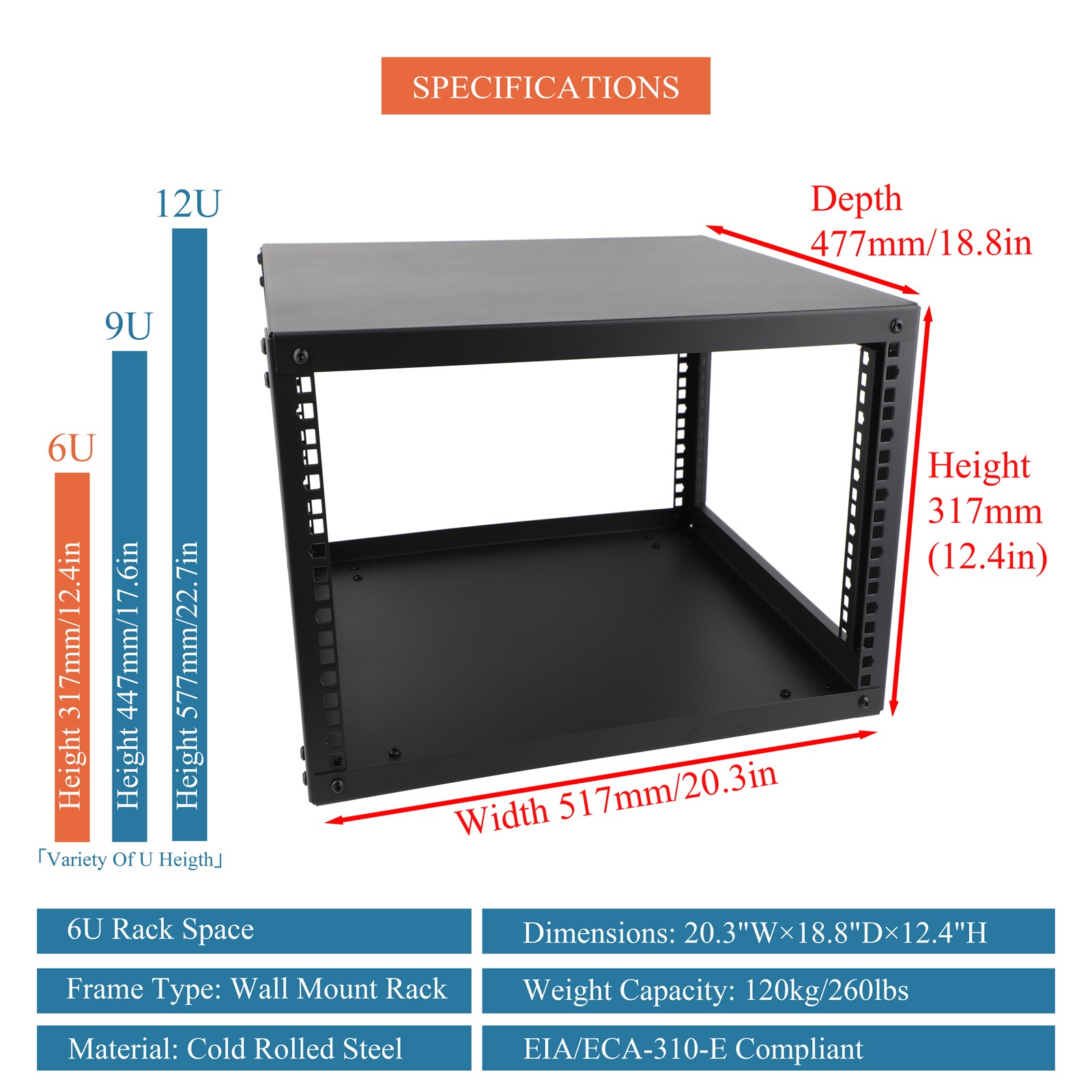 6U/9U/12U Open Frame Network Rack with  1U Rack Shelves for 19-Inch Networking