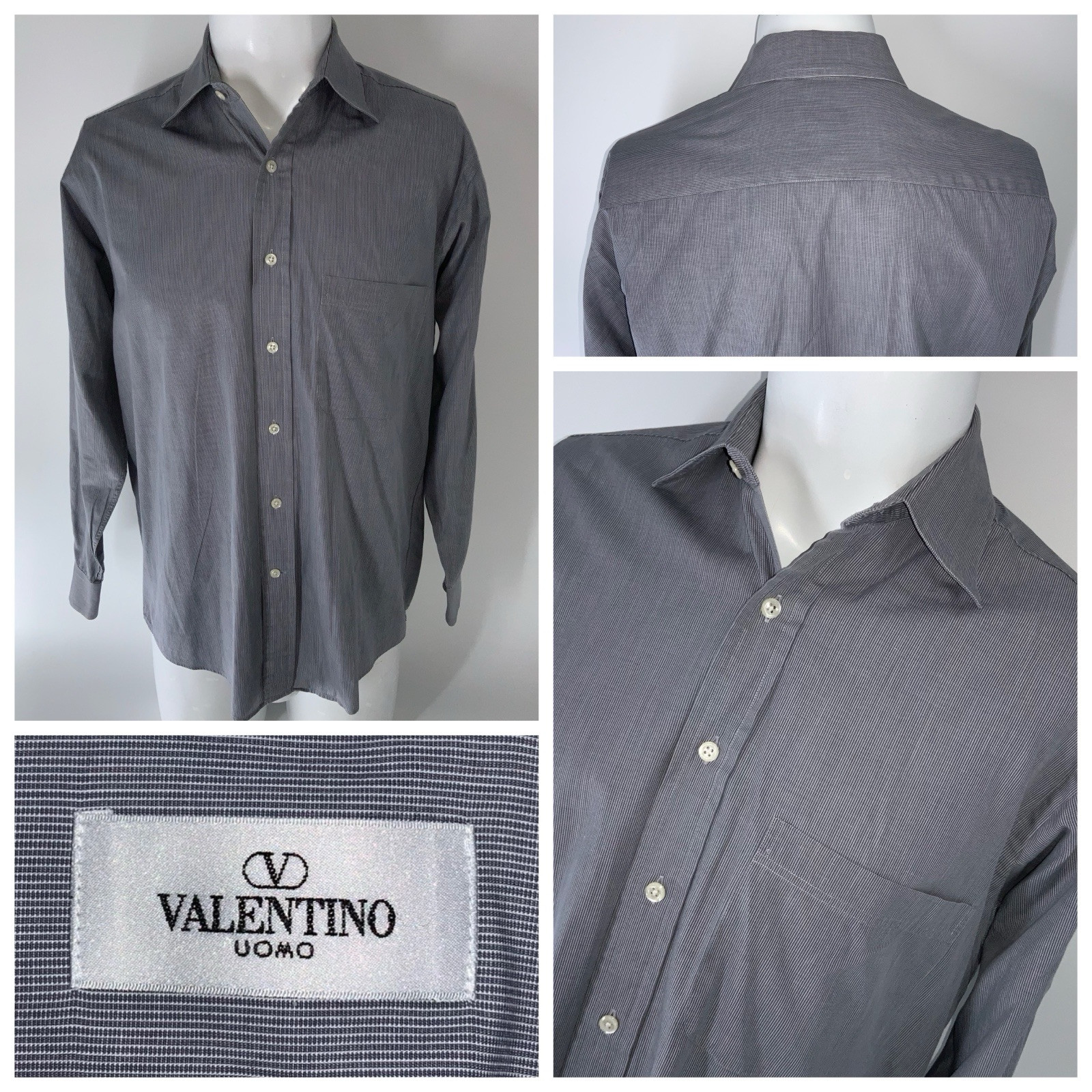 Valentino Uomo Dress Shirt Men’s 15 33 Gray Stripe Egyptian Cotton YGI O1-258