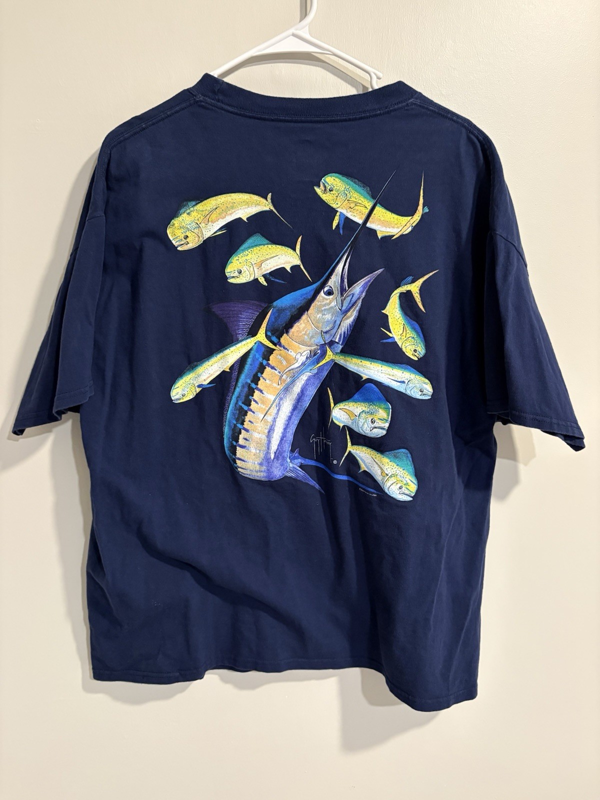 Vintage Guy Harvey Marlin Mahi Mahi Graphic T-Shirt Navy Blue Size XLarge Pocket gallery