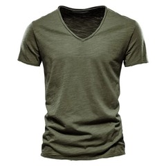 2024 hot summer men’s new solid color V-neck pure cotton short sleeved T-shirt h