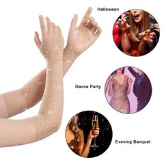 Rhinestone Fishnet Gloves Glitter Sparkle Long Mesh Arm Sleeves for Party