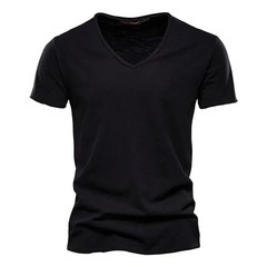2024 hot summer men’s new solid color V-neck pure cotton short sleeved T-shirt h