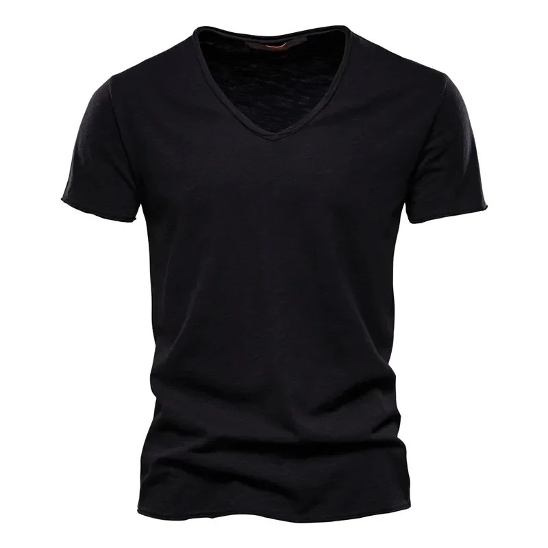 2024 hot summer men's new solid color V-neck pure cotton short sleeved T-shirt h gallery
