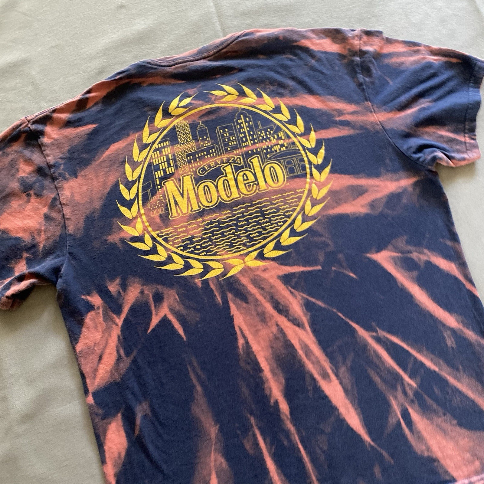 Modelo Cerveza T Shirt Mens Large Navy Blue Bleach Dye Beer Alcohol Drinking gallery