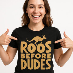 Kangaroo Pocket T-Shirt – “Roos Before Dudes” Graphic Tee