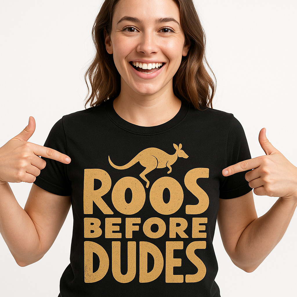 Kangaroo Pocket T-Shirt - "Roos Before Dudes" Graphic Tee gallery
