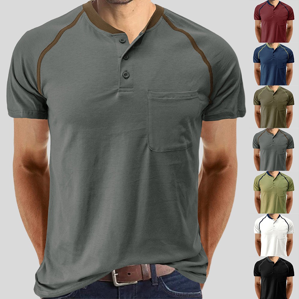 Men's Colorblock Short Sleeve Casual Blouse T-Shirt Button Collar Shirt Tops gallery