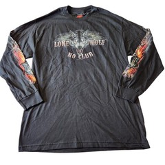 Lone Wolf No Club Biker Motorcycle Double-Sided/Flame Sleeves Graphic Tee Sz L