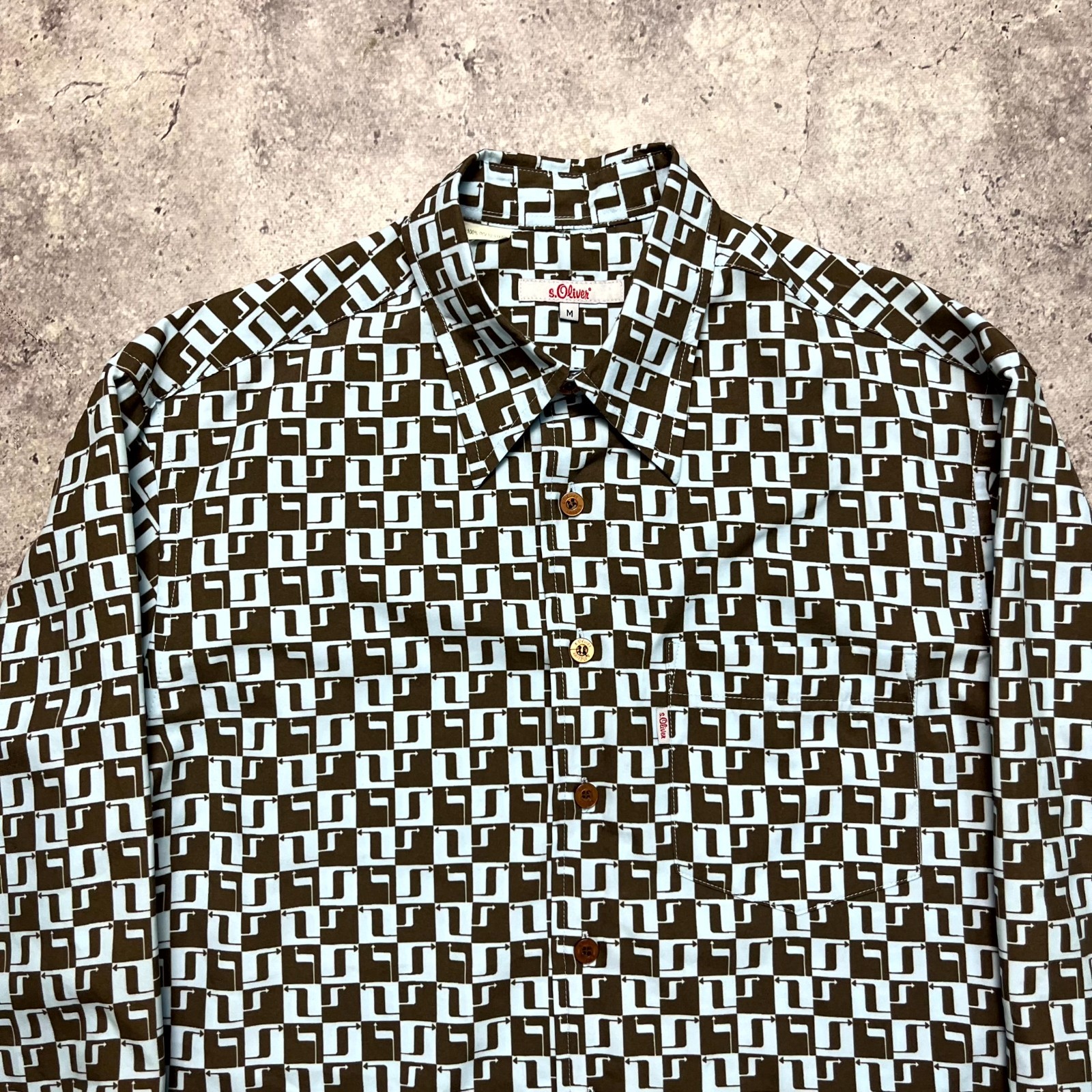 S.Oliver Geometric Pattern Print Blue Brown Long Sleeve Button Up Shirt Size M gallery