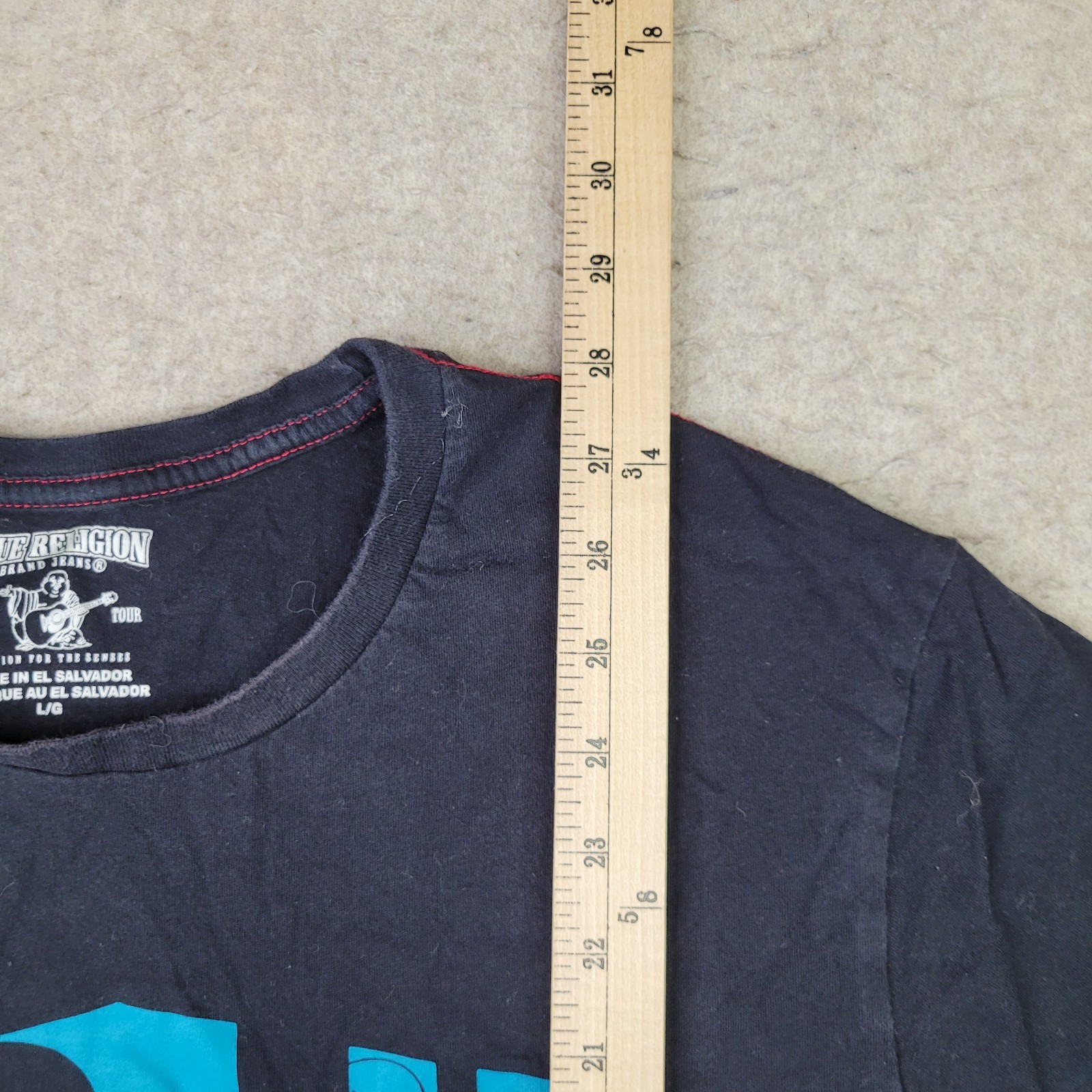 True Religion World Tour T Shirt Mens L Black Short Sleeve Blue Logo Spellout gallery