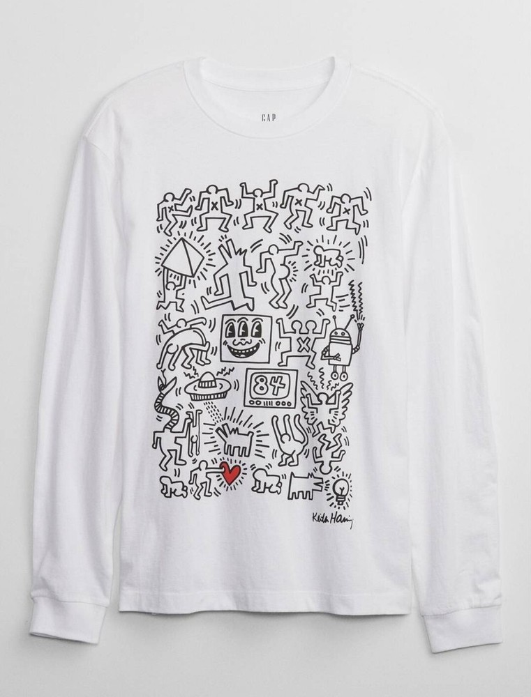 New Keith Haring Art Red Heart Collage Mens Medium Pop Street Art Cotton L/S Tee
