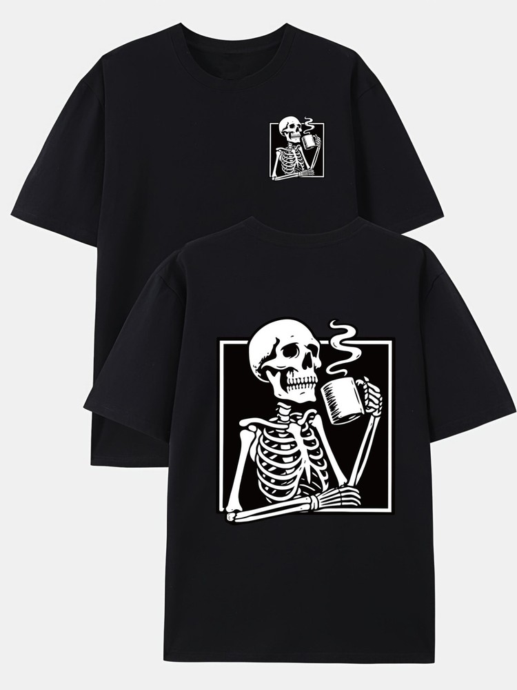 Skull Coffee, Bone Pattern Double-Sided Print Men’s Fashion Trendy T-Shirt