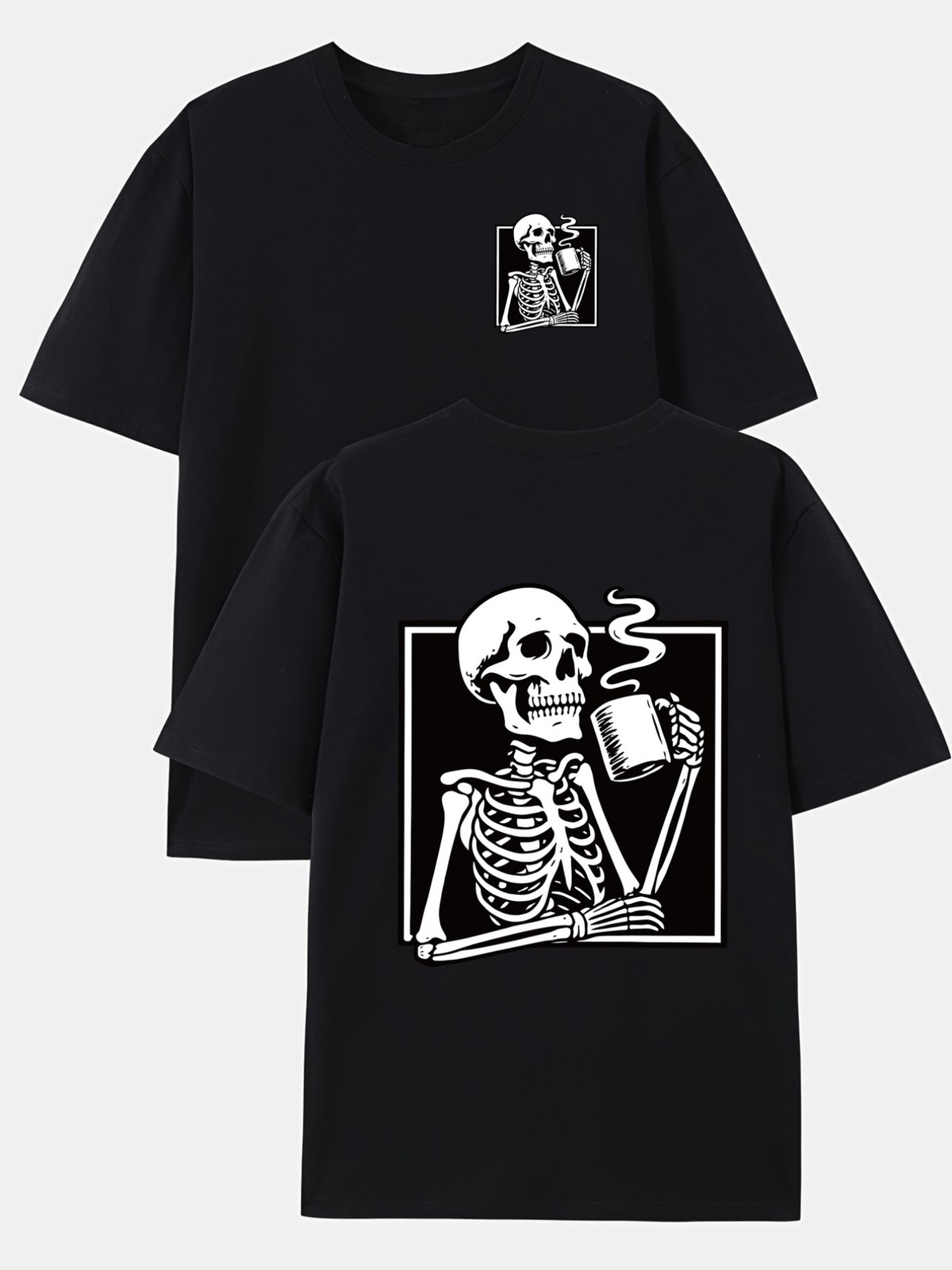 Skull Coffee, Bone Pattern Double-Sided Print Men’s Fashion Trendy T-Shirt
