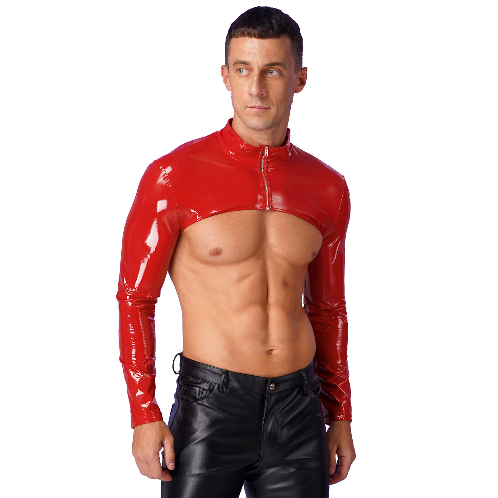 Men Muscle Fitness Cropped Jacket Wet Look Latex Clubwear Tops Sexy Half Shirts gallery